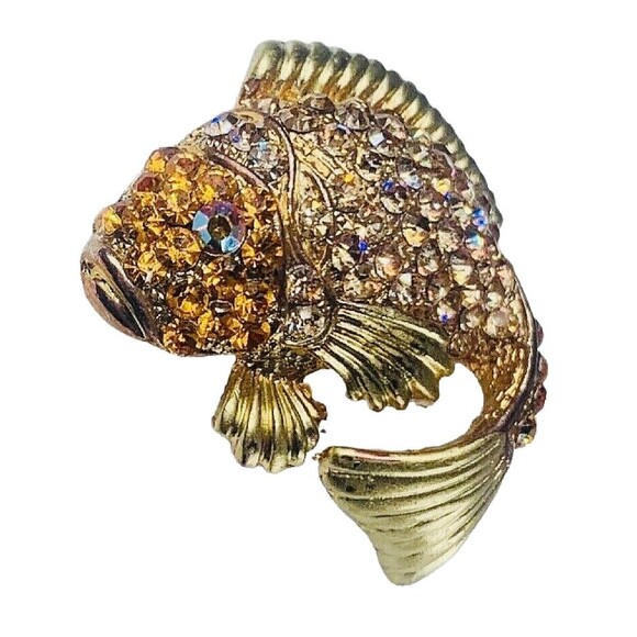 Crystal Japanese Koi Fish Brooch Pin 1.5” Gold Tone Whimsical Fish Vintage - Picture 2 of 16